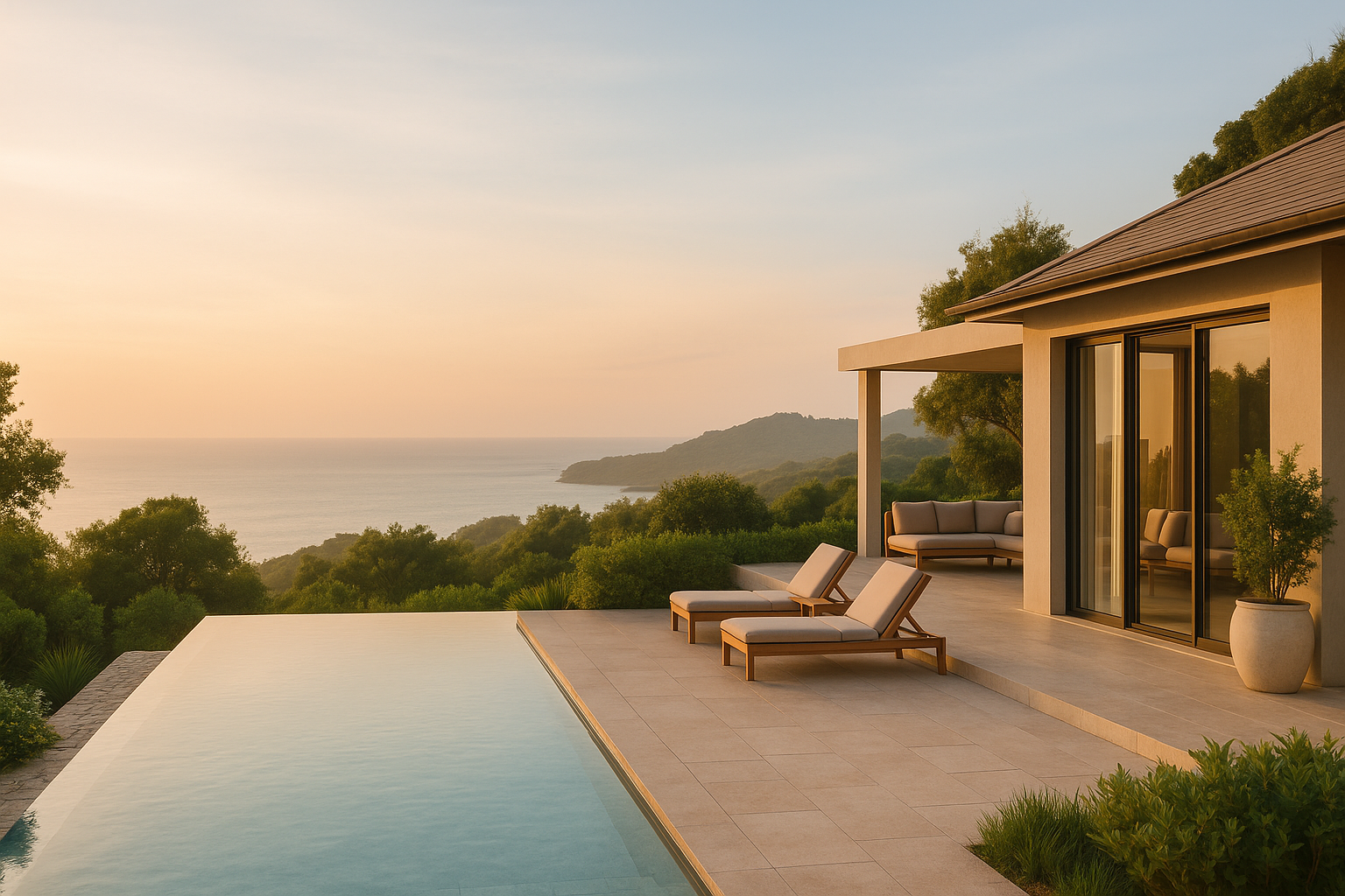 Luxury retreat villa at sunrise – tranquil destination backdrop